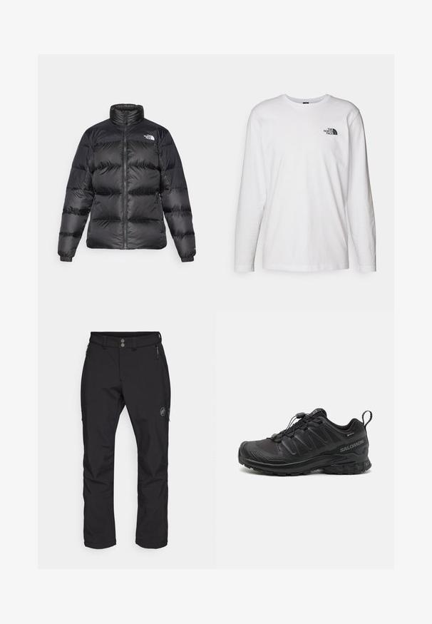 Svart pufferjacka med hög krage, frontdragkedja och horisontellt quiltad textur. Har elastiska ärmmuddar och logotyp på vänstra axeln.; Vit långärmad T-shirt i bomull med rund halsringning. Har en liten svart logotyp på bröstet. Slät textur, normal passform.; Svarta utomhusbyxor med rak bendesign, tillverkade av slitstarkt tyg. Har två framfickor med dragkedja och en logotyp på låret.; Svart sportskor med en strukturerad syntetöverdel, dämpad sula och ett snabbsnörningssystem. Har förstärkt tå och hälen.