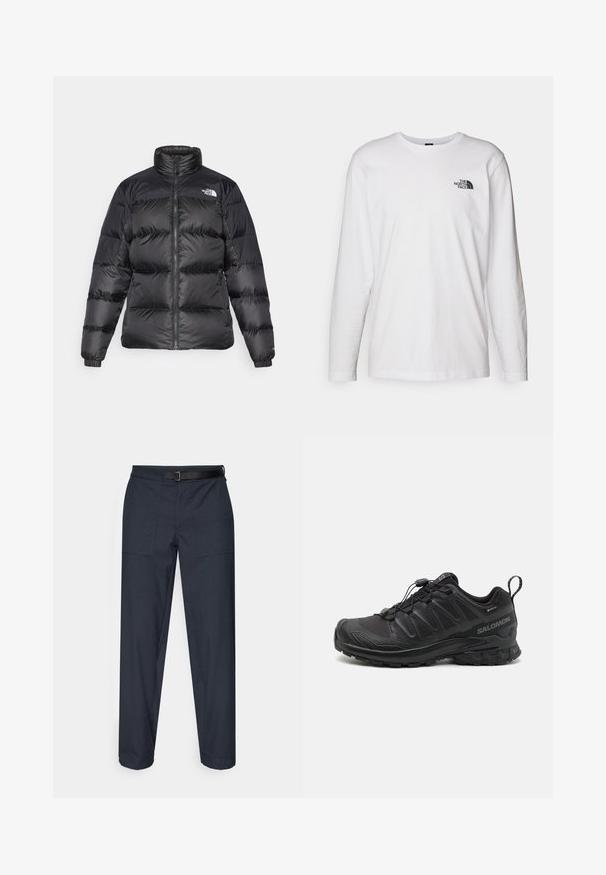 Schwarze Pufferjacke mit hohem Kragen, Frontreißverschluss und horizontal gestepptem Muster. Verfügt über elastische Bündchen und ein Markenlogo auf der linken Schulter.; Weißes langärmliges T-Shirt aus Baumwolle mit Rundhalsausschnitt. Verfügt über ein kleines schwarzes Logo auf der Brust. Glatte Textur, reguläre Passform.; Dunkelblaue Hose mit geradem Schnitt, zwei Fronttaschen, einem schwarzen verstellbaren Gürtel und einer glatten Textur.; Schwarzer Sportschuh mit einer strukturierten, synthetischen Oberseite, gepolsterten Sohle und einem schnellen Schnürsystem. Verfügt über eine verstärkte Zehen- und Fersenkappe.