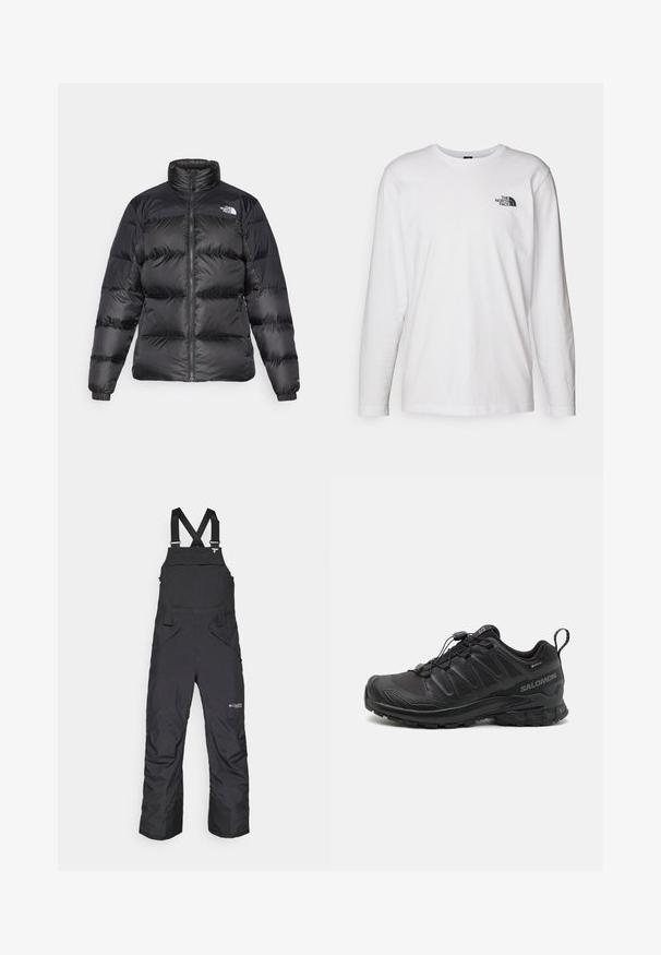 Musta puhalluspusero korkealla kauluksella, etuvetoketjulla ja vaakakudonnalla. Varustettu elastisilla hihoilla ja brändin logolla vasemmassa olkapäässä.; Valkoinen pitkähihaisen T-paita, joka on valmistettu puuvillasta ja jossa on pyöreä kaula-aukko. Rintamuksessa on pieni musta logo. Sileä kangas, normaali malli.; Mustat lumihousut, joissa on säädettävät olkaimet, sivutaskut ja etuosassa läppätasku. Valmistettu säänkestävästä materiaalista.; Musta urheilukenkä, jossa on teksturoitu synteettinen päällinen, pehmustettu pohja ja nopea nauhoitusjärjestelmä. Varustettu vahvistetulla varpaalla ja kantapäällä.