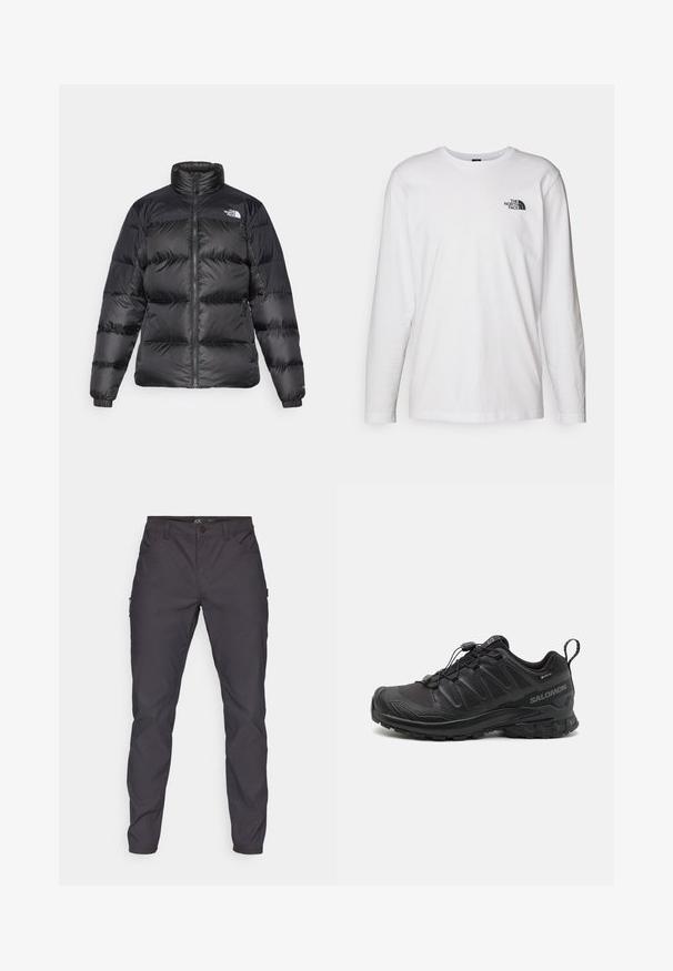 Musta puhalluspusero korkealla kauluksella, etuvetoketjulla ja vaakakudonnalla. Varustettu elastisilla hihoilla ja brändin logolla vasemmassa olkapäässä.; Valkoinen pitkähihaisen T-paita, joka on valmistettu puuvillasta ja jossa on pyöreä kaula-aukko. Rintamuksessa on pieni musta logo. Sileä kangas, normaali malli.; Tummanharmaat cargo-housut, joissa on sileä pinta, etutaskut ja sivutasku; vyötärö on turvallisesti napilla kiinnitetty.; Musta urheilukenkä, jossa on teksturoitu synteettinen päällinen, pehmustettu pohja ja nopea nauhoitusjärjestelmä. Varustettu vahvistetulla varpaalla ja kantapäällä.