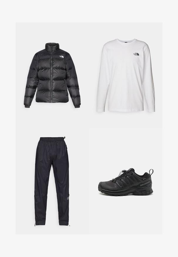 Musta puhalluspusero korkealla kauluksella, etuvetoketjulla ja vaakakudonnalla. Varustettu elastisilla hihoilla ja brändin logolla vasemmassa olkapäässä.; Valkoinen pitkähihaisen T-paita, joka on valmistettu puuvillasta ja jossa on pyöreä kaula-aukko. Rintamuksessa on pieni musta logo. Sileä kangas, normaali malli.; Mustat, kevyet, vettähylkivät housut, joissa on elastinen vyötärö, sivutaskut, napilla varustetut lahkeet ja pieni logoyksityiskohta lahkeessa.; Musta urheilukenkä, jossa on teksturoitu synteettinen päällinen, pehmustettu pohja ja nopea nauhoitusjärjestelmä. Varustettu vahvistetulla varpaalla ja kantapäällä.
