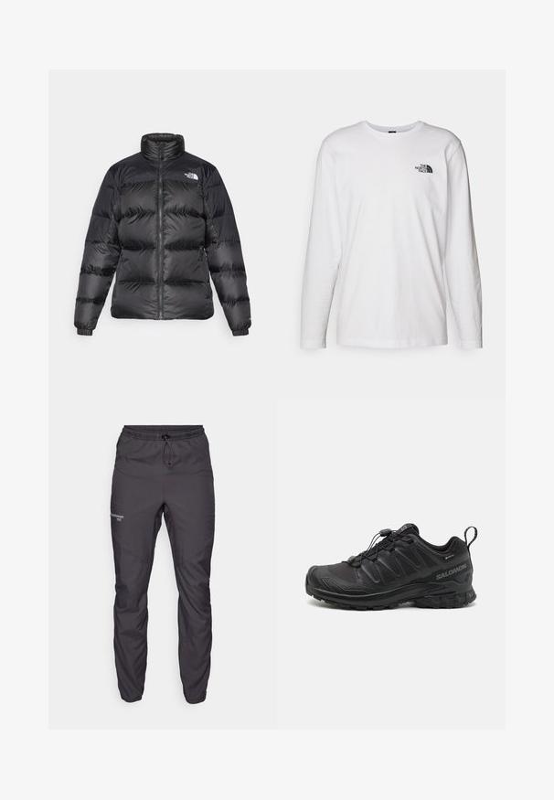 Black puffer jacket with high collar, front zipper, and horizontal quilted texture. Features elasticized cuffs and brand logo on the left shoulder.; White long-sleeve T-shirt made of cotton with a crew neck. Features a small black logo on the chest. Smooth texture, regular fit.; Black lightweight outdoor pants made of water-resistant material with an elastic waistband and cuffed ankles. Features stitched accents and logo.; Black athletic shoe with a textured synthetic upper, cushioned sole, and a quick-lacing system. Features a reinforced toe and heel.