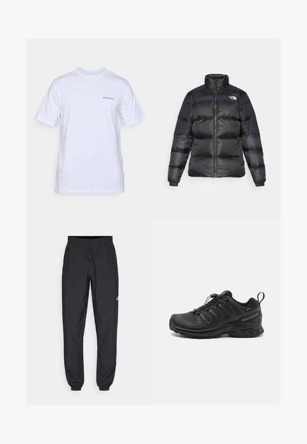 Chaqueta de plumas negra con cuello alto, cremallera frontal y textura acolchada horizontal. Presenta puños elásticos y logo de la marca en el hombro izquierdo.; Camiseta de algodón blanca de manga corta, con cuello redondo y un logotipo de Patagonia en azul claro impreso en el lado izquierdo del pecho. Textura suave.; Pantalones deportivos negros hechos de un tejido ligero, con una cinturilla ajustable, bolsillos laterales y puños ajustados en los tobillos.; Zapatilla deportiva negra con parte superior sintética texturizada, suela acolchada y sistema de lazado rápido. Cuenta con puntera y talón reforzados.