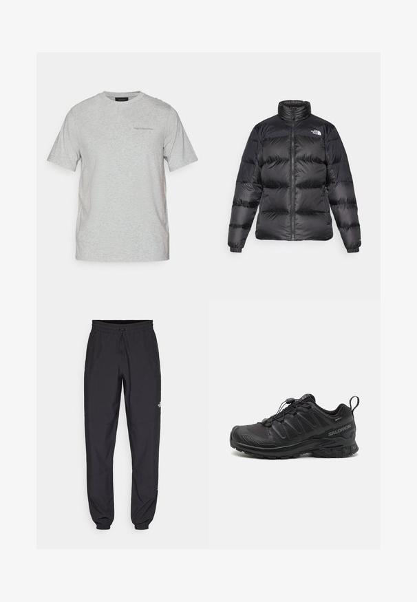 Casaco puffer preto com gola alta, fecho frontal e textura acolchoada horizontal. Apresenta punhos elásticos e logótipo da marca no ombro esquerdo.; T-shirt de manga curta cinza claro com decote redondo e logo discreto "Peak Performance" no lado esquerdo do peito.; Calças atléticas pretas feitas de tecido leve, com um cós ajustável por cordão, bolsos laterais e punhos afunilados nos tornozelos.; Sapatilha atlética preta com um cabedal sintético texturizado, sola acolchoada e um sistema de atilhos rápido. Possui biqueira e calcanhar reforçados.