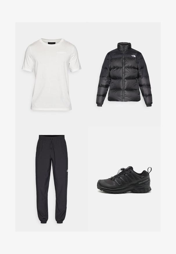 Čierna prešívaná bunda s vysokým golierom, predným zipsom a horizontálne prešívanou textúrou. Má elastické manžety a logo značky na ľavom pleci.; Biely krátky rukáv tričko vyrobené z jemnej látky. Má okrúhly výstrih a nenápadný detail značky v prednej časti.; Čierne športové nohavice vyrobené z ľahkej tkaniny, s elastickým pásom na šnurovanie, bočnými vreckami a zúženými manžetami na členkoch.; Čierna športová obuv so štruktúrovaným syntetickým zvrškom, polstrovanou podrážkou a rýchlozaviazaním. Obsahuje zosilnenú špičku a pätu.