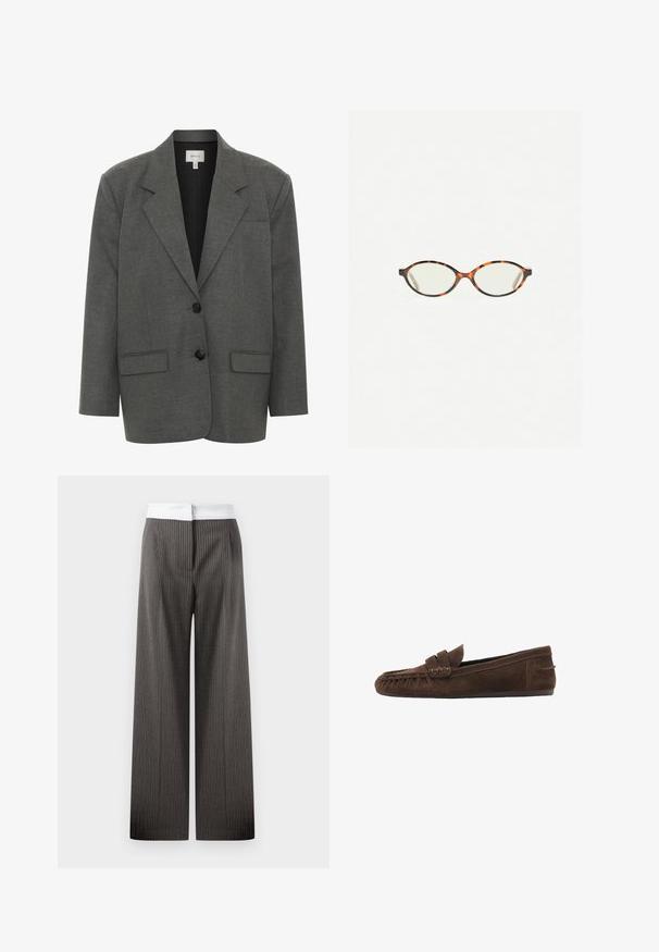 Gestuz PAULA - Kratka jakna - dark grey melange; Svijetlosivi, dugouhi džemper od mekog, pahuljastog materijala s okruglim izrezom i ležernim krojem. Nema vidljivih uzoraka ili dijelova od metala.; Svijetloplavi košulja dugih rukava s okovratnikom na dugmad, jednim džepom na prsima i opuštenim krojem. Glatka tekstura tkanine i klasičan dizajn.; Široke hlače u tamno sivoj boji s vertikalnim prugama. Pojas je bijel i elastičan, što stvara kontrastni detalj.; Smeđe mokasine od suedea s teksturiranim gornjim dijelom, s pletenim akcentom i ravnim potplatom, dizajnirane za ležernu udobnost i jednostavno oblačenje.; Naočale u boji kornjače s ovalnim staklima i elegantnim, glatkim završetkom. Imaju tanke strane s suptilnom krivuljom na sljepoočnicama. Prozirna stakla.