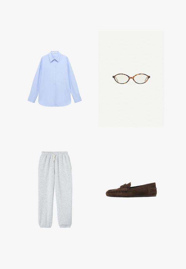 Gestuz PAULA - Blejzer - dark grey melange; Svetlý šedý svetrový pulóver s dlhým rukávom, vyrobený z jemného, nadýchaného materiálu. Má okrúhly výstrih a uvoľnený strih. Žiadne viditeľné vzory ani kovové prvky.; Svetlo modrá košeľa s dlhým rukávom, s golierom na gombíky, jednou náprsné vrecko a voľným strihom. Hladká textúra látky a klasický dizajn.; Šedé tepláky vyrobené z jemnej tkaniny, s elastickým pásom na šnúrku a elastickými manžetami na členkoch.; Hnedé semišové mokasíny s textúrovaným povrchom, vybavené pleteným akcentom a plochou podrážkou, navrhnuté pre pohodlné nosenie a bezstarostnosť.; Korytnačkové okuliare s oválnymi šošovkami a hladkým, lesklým povrchom. Majú tenké strany s jemným zakrivením na spánkoch. Priehľadné šošovky.