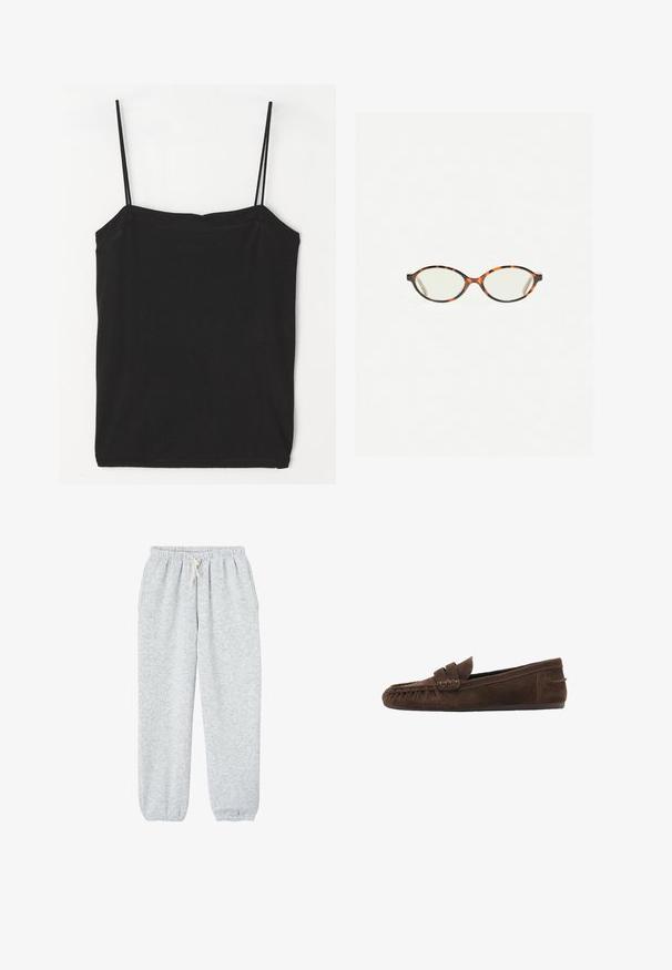Gestuz PAULA - Kratka jakna - dark grey melange; Svijetlosivi, dugouhi džemper od mekog, pahuljastog materijala s okruglim izrezom i ležernim krojem. Nema vidljivih uzoraka ili dijelova od metala.; Crna majica bez rukava s tankim trakama, izrađena od mekog pamučnog materijala, s ravnim dekolteom i prilagođenim siluetom.; Sive trenirke od mekog materijala, s elastičnom trakicom u struku i vezicom, te elastičnim manžetama na gležnjevima.; Smeđe mokasine od suedea s teksturiranim gornjim dijelom, s pletenim akcentom i ravnim potplatom, dizajnirane za ležernu udobnost i jednostavno oblačenje.; Naočale u boji kornjače s ovalnim staklima i elegantnim, glatkim završetkom. Imaju tanke strane s suptilnom krivuljom na sljepoočnicama. Prozirna stakla.