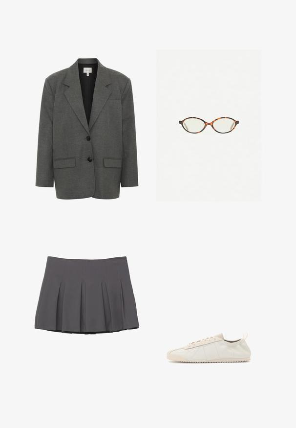 Gestuz PAULA - Blazer - dark grey melange; Light blue long-sleeve shirt with a button-down collar, single chest pocket, and a relaxed fit. Smooth fabric texture and classic design.; Gray pleated skirt with a smooth texture, featuring stitched detailing and a fitted waistband, finishing at mid-thigh length.; Cream leather sneaker with a rounded toe, lace-up design, textured accents, and textured rubber sole featuring zigzag traction pattern.; Tortoiseshell eyeglasses with oval lenses and a sleek, smooth finish. Features thin sides with a subtle curve at the temples. Clear lenses.
