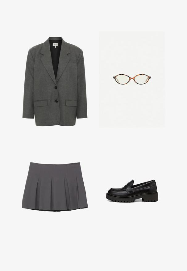 Gestuz PAULA szary; Jasnoniebieska koszula z długim rękawem, z kołnierzykiem zapinanym na guziki, pojedynczą kieszenią na piersi oraz w luźnym kroju. Gładka faktura tkaniny i klasyczny design.; Szara plisowana spódnica o gładkiej fakturze, z przeszywanymi detalami i dopasowanym pasem, kończąca się na długości w połowie uda.; Marc O'Polo - Półbuty wsuwane; Okulary w kolorze tortoiseshell z owalnymi soczewkami i gładkim, eleganckim wykończeniem. Posiadają cienkie boki z delikatnym łukiem w okolicy skroni. Przezroczyste soczewki.