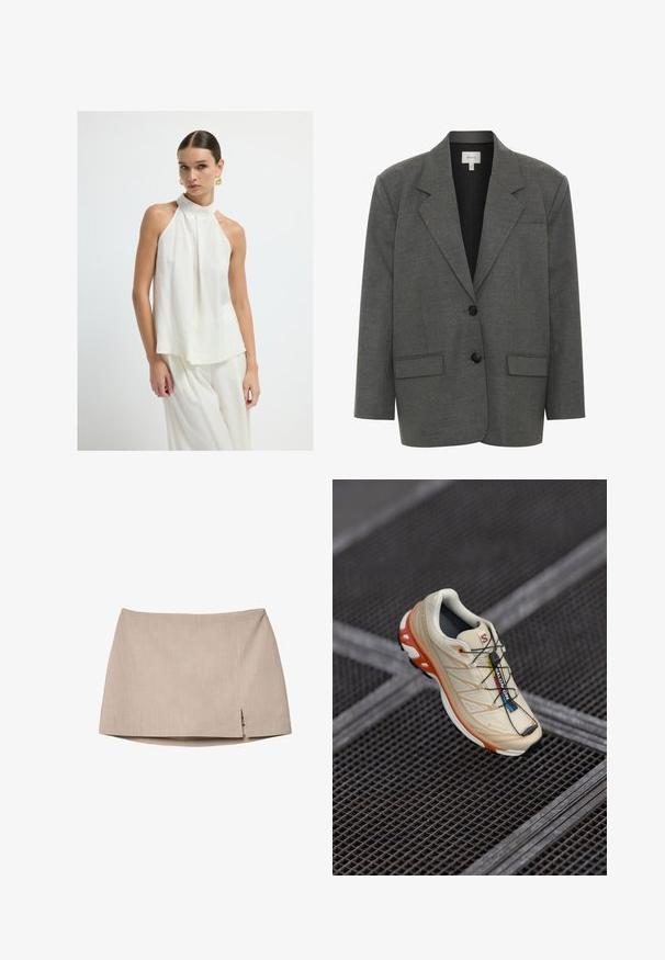 Gestuz PAULA - Blazer - dark grey melange; White, sleeveless halter top with a high neckline, pleated detailing, and a flowing fit. Smooth fabric texture, minimalist design.; Beige fitted skirt with a textured fabric, featuring a slight side slit. Simple design lacks additional hardware or patterns.; Beige running shoe with orange accents, designed with a textured upper, black outsole, and integrated laces. Features GORE-TEX branding.