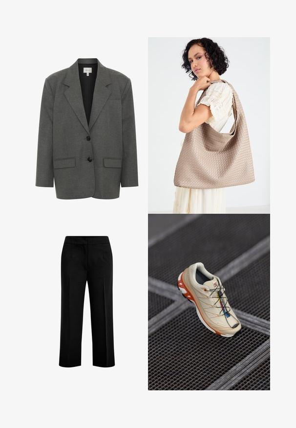 Gestuz PAULA - Blazer - dark grey melange; Svart bustier med justerbara spaghettiremmar, prydd med ett texturerat leopardmönster och en strukturerad paneldesign.; Svarta, vida byxor i ett slätt tyg med två fickor framtill och en platt midja. Skräddarsydd design med en ren silhuett.; Beige löparskor med orange accenter, designade med en texturerad ovandel, svart sula och integrerade snören. Har GORE-TEX-logotyp.; Vävd beige tote-väska med en avslappnad design och ett enda axelband. Har ett texturerat mönster över hela ytan.; Gul rektangulär armbandsur med en texturerad ljusgrön urtavla, två svarta timmarstöd, ett guldfärgat metallarmband och en minimalistisk design.