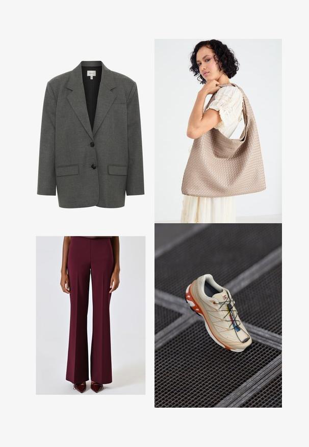 Gestuz PAULA - Blazer - dark grey melange; Bustier noir avec bretelles spaghetti réglables, présentant un motif en léopard texturé et un design structuré à panneaux.; Pantalons à jambes larges en bordeaux foncé, fabriqués à partir d'un tissu lisse. Présentent une taille haute et un design minimaliste. Associés à des talons aiguilles rouge foncé.; Baskets de course beiges avec des accents orange, conçues avec un dessus texturé, une semelle extérieure noire et des lacets intégrés. Présente un logo GORE-TEX.; Sac fourre-tout tissé beige avec un design décontracté et une seule sangle pour l'épaule. Présente un motif texturé sur toute la surface.; Montre-bracelet rectangulaire en or avec un cadran vert clair texturé, deux marqueurs d'heure noirs, un bracelet en métal doré et un design minimaliste.