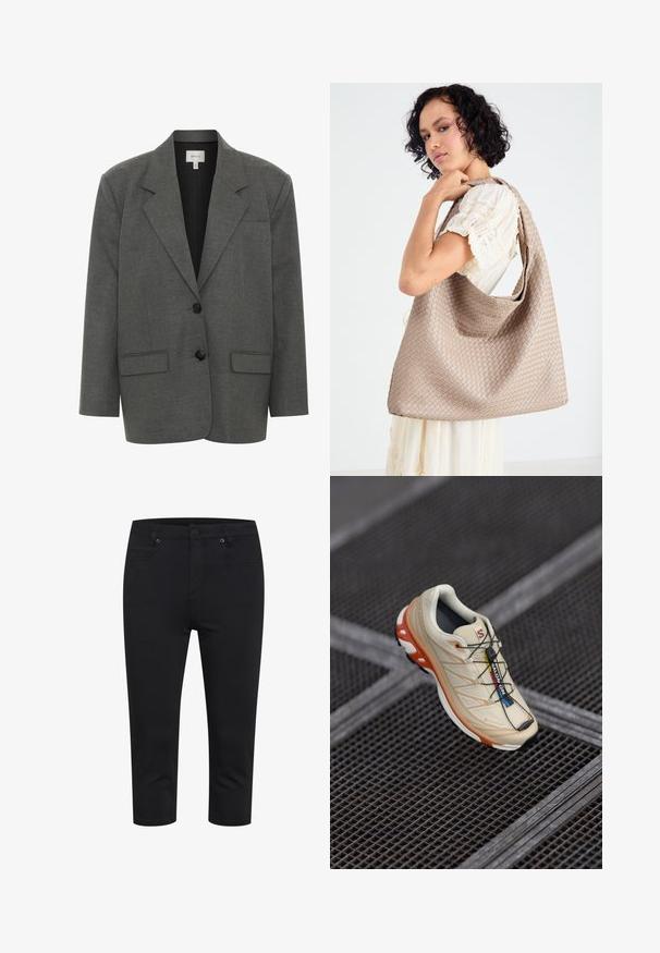 Gestuz PAULA - Blazer - dark grey melange; Bustier noir avec bretelles spaghetti réglables, présentant un motif en léopard texturé et un design structuré à panneaux.; Pantalons noirs slim-fit coupés avec fermeture à bouton et zip à l'avant, ainsi que des poches avant et arrière, présentés sur fond blanc.; Baskets de course beiges avec des accents orange, conçues avec un dessus texturé, une semelle extérieure noire et des lacets intégrés. Présente un logo GORE-TEX.; Sac fourre-tout tissé beige avec un design décontracté et une seule sangle pour l'épaule. Présente un motif texturé sur toute la surface.; Montre-bracelet rectangulaire en or avec un cadran vert clair texturé, deux marqueurs d'heure noirs, un bracelet en métal doré et un design minimaliste.