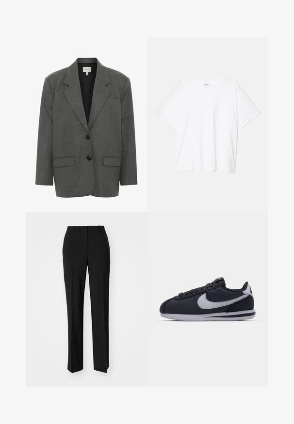 Gestuz PAULA - Blazer - dark grey melange; Hvit bomulls t-skjorte med korte ermer, rund hals, avslappet passform og sydd kant. Merke synlig på innsiden av halsen.; Sorte skreddersydde bukser med rett silhuett, med en glatt tekstur og klare pressede bretter foran. Ingen synlig maskinvare.; Svart idrettssko med grå detaljer, glatt syntetisk overdel, teksturert såle, rund tå og flate lisser. Klassisk design med logodetalj.
