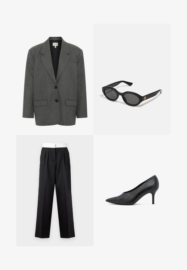 Gestuz PAULA - Žakete - dark grey melange; Balta kokvilnas T-krekls ar īsām piedurknēm, apaļu dekoltē, brīva piegriezuma un šūtu apakšmalu. Etiķete redzama iekšējā kakla daļā.; Melni plisēti bikses ar platu baltu jostu, ar taisnu griezumu un gludu tekstūru, kas nodrošina strukturētu izskatu.; Melnas ādas sieviešu zābaki ar slaidu degunu un zemu stiletto papēdi uz baltā fona.; Melnas ovālās saulesbrilles ar tumšiem stikliem un spīdīgu plastmasas rāmi. Iezīmētas ar zelta logo uz tempļa, nodrošinot elegantu un modernu dizainu.; Melnas ādas somiņa ar gludu virsmu, ar vienu rokturi augšā un zeltītas krāsas detaļām. Zīmola nosaukums redzams priekšpusē.