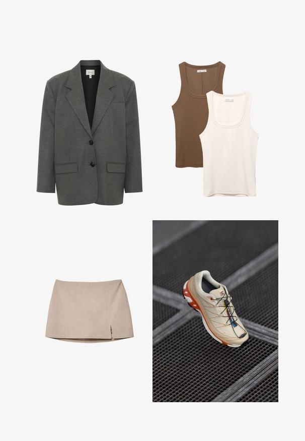 Gestuz PAULA - Blazer - dark grey melange; Zwei Tanktops: eines in Dunkelbraun mit gerippter Textur und breiten Trägern, das andere in Cremefarbe, glattes Material mit ähnlichem Design.; Beige Taillierte Rock aus strukturiertem Stoff mit einem leichten seitlichen Schlitz. Einfaches Design ohne zusätzliches Zubehör oder Muster.; Beige Laufschuh mit orangefarbenen Akzenten, entworfen mit einem strukturierten Obermaterial, schwarzem Außensohlen und integriertem Schnürsystem. Verfügt über GORE-TEX-Branding.