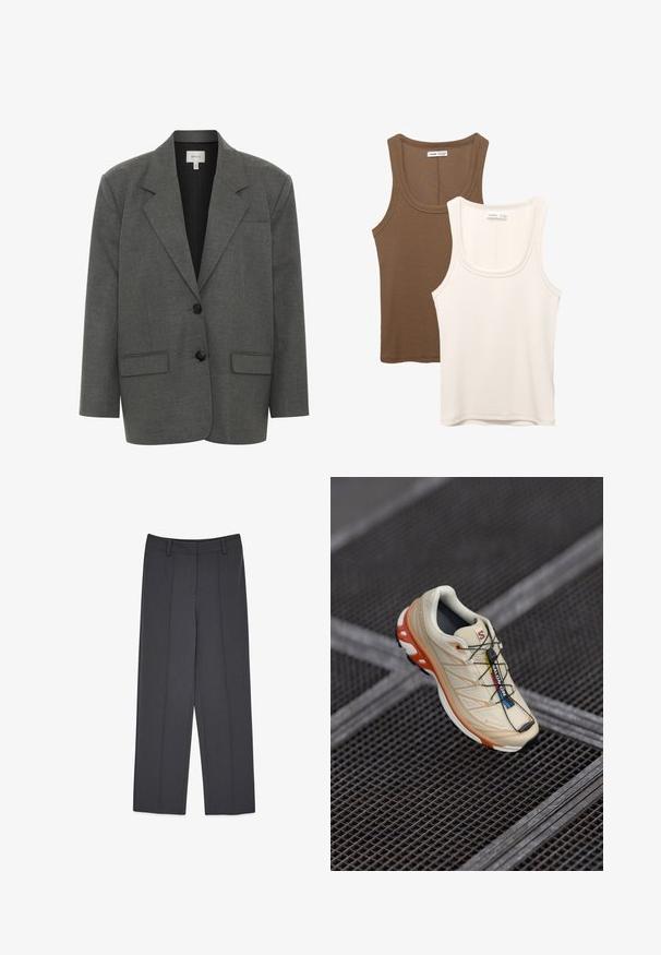 Gestuz PAULA - Blejzer - dark grey melange; Dvoje tielok: jedny v tmavo hnedé farbe s rebrovanou textúrou a širokýma ramienkami, druhé v off-white farbe, hladká tkanina s podobným dizajnom.; Hnedé prispôsobené nohavice s rovnými nohavicami, s prežehlenými záhybmi, hladkou textúrou a pútkami na opasok. Žiadne viditeľné vrecká.; Béžová bežecká obuv s oranžovými akcentmi, navrhnutá s textúrovaným zvrškom, čiernou podrážkou a integrovanými šnúrkami. Obsahuje značku GORE-TEX.