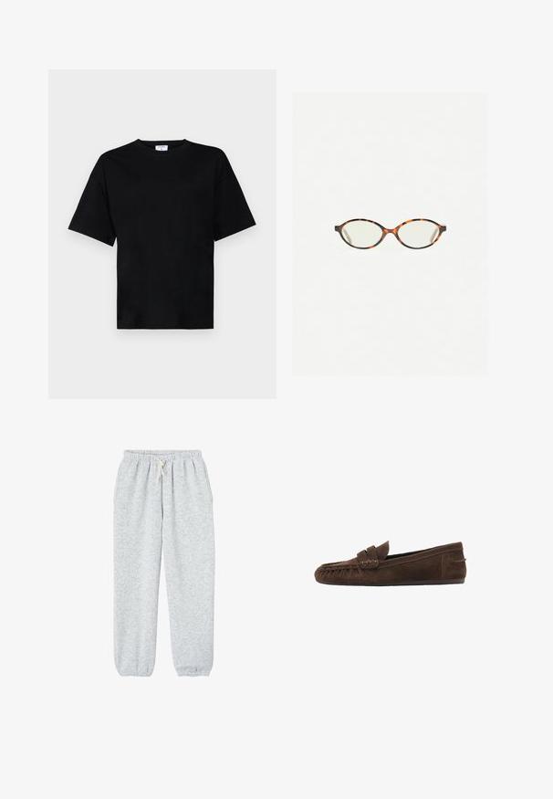 Gestuz PAULA - Blazer - dark grey melange; Black short-sleeve t-shirt in a relaxed fit, made of soft fabric, featuring a round neckline and no prominent patterns or accents.; Gray sweatpants made of soft fabric, featuring an elastic waistband with a drawstring, and elastic cuffs at the ankles.; Brown suede loafers with a textured upper, featuring a braided accent and a flat sole, designed for casual comfort and ease of wear.; Tortoiseshell eyeglasses with oval lenses and a sleek, smooth finish. Features thin sides with a subtle curve at the temples. Clear lenses.