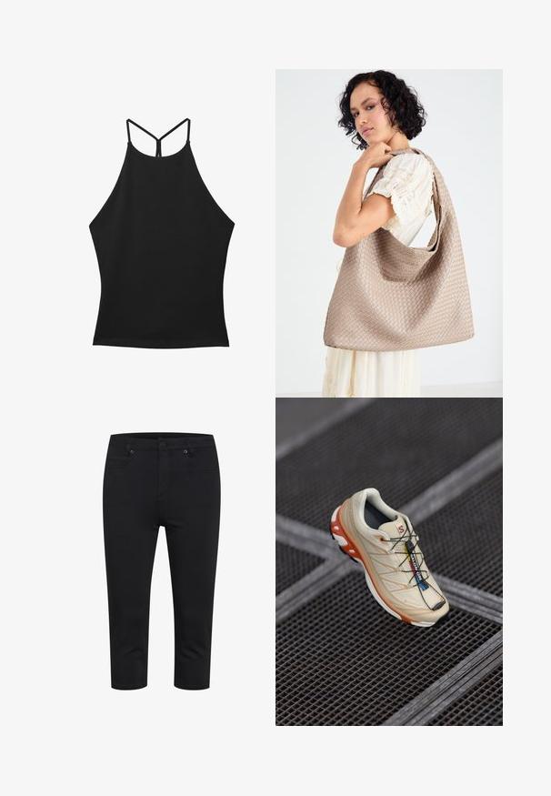 Gestuz PAULA - Kratka jakna - dark grey melange; Crna halter majica s visokim izrezom i tankim trakama. Glatka tkanina bez vidljivih uzoraka ili ukrasa. Blago prošireni dizajn.; Crne skrojene uske hlače s prednjim gumbom, zatvaranjem na patentni zatvarač te prednjim i stražnjim džepovima, prikazane na bijeloj pozadini.; Bež tenisica za trčanje s narančastim detaljima, dizajnirana s teksturiranim gornjim dijelom, crnim potplatom i integriranim vezicama. Sadrži GORE-TEX oznaku.; Torbica od bež tkanine sa ležernim dizajnom i jednim remenom za rame. Ima teksturirani uzorak po cijeloj površini.; Zlatni pravokutni ručni sat s teksturiranim svijetlozelenim brojčanikom, dva crna kazaljka, zlatna metalna narukvica i minimalistički dizajn.