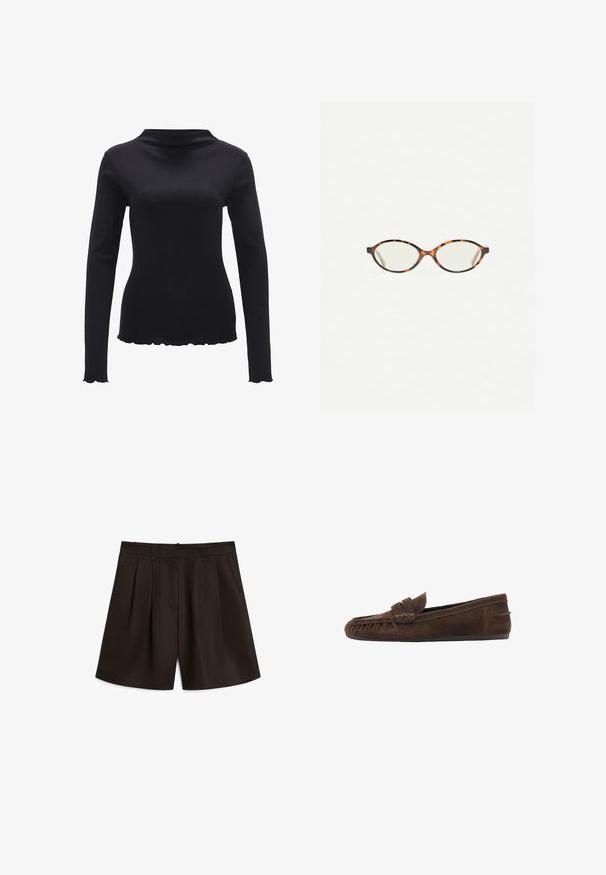 Gestuz PAULA - Blazer - dark grey melange; Schwarzes Langarmtop aus glattem Stoff mit einem Stehkragen und einem gewellten Saum. Keine sichtbaren Muster oder Hardware-Akzente.; Massimo Dutti PLEATED BERMUDA - Shorts - dark brown; Braune Wildleder-Mokassins mit einer strukturierten Oberseite, ausgestattet mit einer geflochtenen Akzentuierung und einer flachen Sohle, entworfen für lässigen Komfort und angenehmes Tragen.; Schildpatt-Eyegläser mit ovalen Gläsern und einer eleganten, glatten Oberfläche. Mit dünnen Seiten und einer subtilen Kurve an den Schläfen. Klare Gläser.