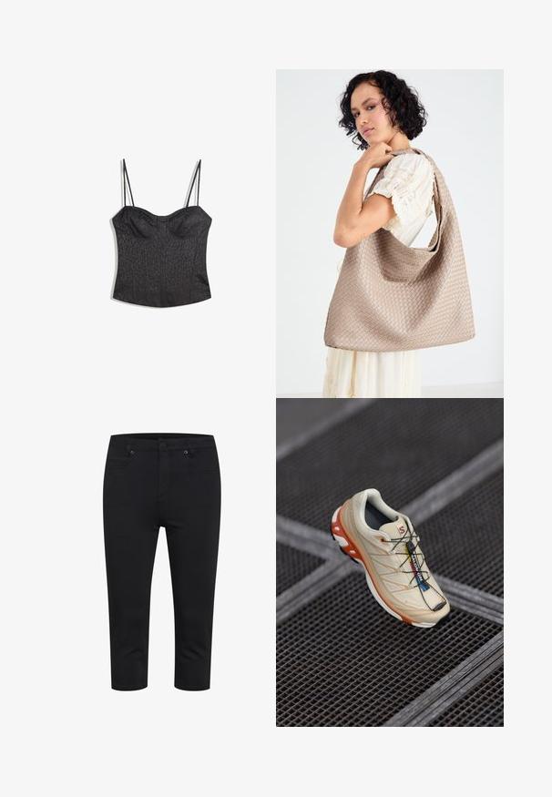 Gestuz PAULA - Blazer - dark grey melange; Bustier nero con spalline regolabili, caratterizzato da un motivo a stampa leopardata testurizzata e da un design a pannelli strutturati.; Pantaloni neri a taglio corto slim-fit con chiusura frontale a bottone e zip, e tasche anteriori e posteriori, esposti su sfondo bianco.; Scarpa da corsa beige con accenti arancioni, progettata con una parte superiore testurizzata, suola nera e lacci integrati. Presenta il marchio GORE-TEX.; Borsa tote beige intrecciata con un design morbido e una sola tracolla. Presenta un motivo Texturizzato su tutta la superficie.; Orologio da polso rettangolare dorato con quadrante verde chiaro testurizzato, due indicatori delle ore neri, bracciale in metallo dorato e un design minimalista.