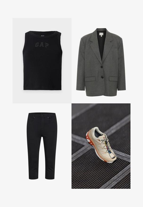 Gestuz PAULA - Kratka jakna - dark grey melange; Crna rebrasta majica bez rukava s okruglim izrezom, s kontrastnim crnim "GAP" logotipom sprijeda. Bez dodatnih ukrasa.; Crne skrojene uske hlače s prednjim gumbom, zatvaranjem na patentni zatvarač te prednjim i stražnjim džepovima, prikazane na bijeloj pozadini.; Bež tenisica za trčanje s narančastim detaljima, dizajnirana s teksturiranim gornjim dijelom, crnim potplatom i integriranim vezicama. Sadrži GORE-TEX oznaku.