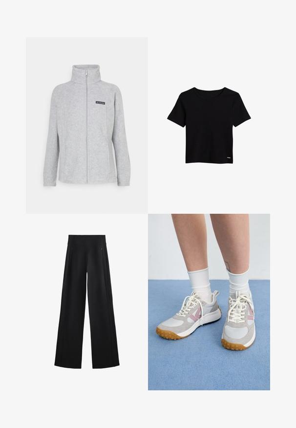 Graue Fleecejacke mit hohem Kragen, durchgehendem Reißverschluss und seitlichen Taschen. Mit einem schwarzen Logopatch auf der Brust. Einfaches Design.; Schwarzes kurzärmliges T-Shirt aus weichem Stoff, mit einem runden Ausschnitt und einem kleinen metallischen Logo-Tag am Saum.; Schwarze, weit geschnittene Hose aus einem weichen Stoff, mit einem hohen Bund und zwei mit Reißverschluss versehenen Taschen, sowie dezenten Nähten entlang der Seiten.; Hellgraue Sneakers mit pinken Akzenten, weißen Lederpanelen und einer strukturierten Gummisohle. Die Schnürsenkel sind cremefarben, und die Socken sind weiß.