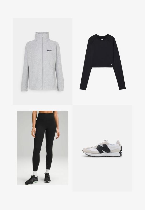 Harmaa fleece-takkia, jossa on korkea kaulus, täysi edestä vetoketju ja sivutaskut. Rinnassa musta logopatchi. Yksinkertainen muotoilu.; Musta lyhythihainen paita, joka on valmistettu joustavasta kankaasta. Siinä on pyöreä pääntie ja pieni logo yksityiskohtana helman kohdalla.; Mustat korkeavyötäröiset legginsit, jotka on valmistettu joustavasta materiaalista. Niissä on tyylikäs muotoilu, sileä pinta ja hienovaraiset sivuyksityiskohdat. Yhdistetty mustiin urheilukenkään.; Klassiset juoksukengät harmaana, mustana ja valkoisena. Nubukki- ja verkkomateriaali päällisessä, teksturoitu musta kumipohja ja selkeä logo korostus sivussa.