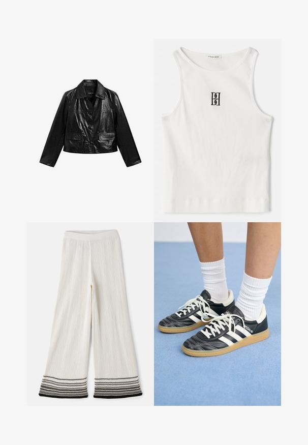 Massimo Dutti CROPPED - Veste en cuir - black; Débardeur blanc à côtes avec un logo noir brodé centré sur la poitrine. L'encolure et les emmanchures sont finies avec un biais subtil.; Pantalons larges en maille crème avec une finition texturée. L'ourlet présente des rayures noires et blanches en couches. Taille élastique pour un ajustement confortable.; Sneakers en cuir noir avec des rayures blanches, bout rond, lacets blancs et semelle en caoutchouc beige. Accentué par un col rembourré et des détails de marque.