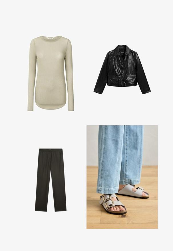 Massimo Dutti CROPPED - Lederjacke - black; Helles beiges Langarmshirt mit rundem Ausschnitt und abgerundetem Saum. Hergestellt aus weichem, glattem Stoff mit minimalen Nähten und ohne Muster.; Dunkelgrüne, weit geschnittene Hosen mit glatter Textur, elastischem Bund und seitlichen Taschen. Schlichtes Design ohne sichtbare Muster oder Beschläge.; Graue Sandalen mit zwei breiten Riemen, die große goldene Schnallen haben, und einer Korksohle. Kombiniert mit hellblauen, lässigen Jeanshosen.
