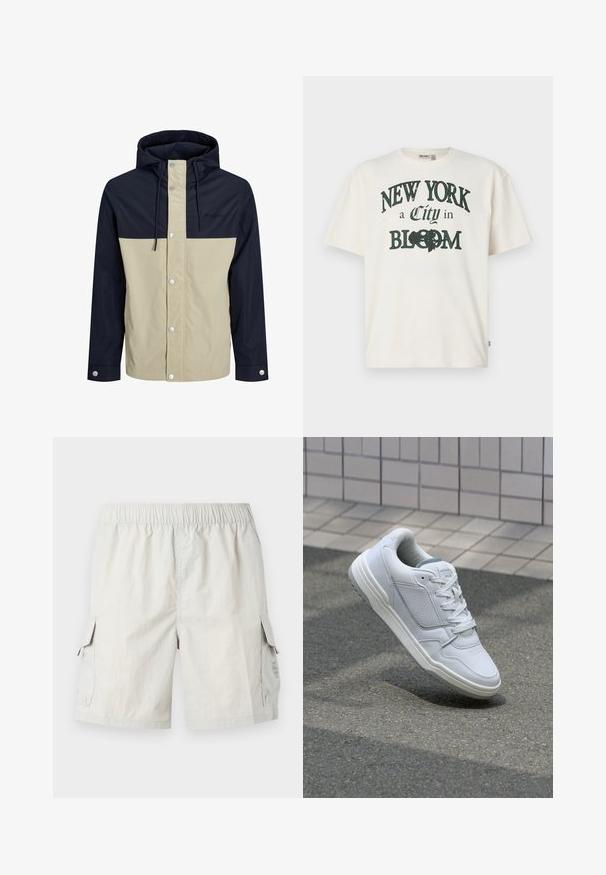 Giacca con cappuccio caratterizzata da un design a blocchi di colore beige e blu navy, realizzata in tessuto morbido con bottoni a pressione e cordini regolabili.; T-shirt in cotone color crema con maniche corte, caratterizzata da una stampa che dice "NEW YORK una Città in FIORI" in verde scuro.; Pantaloni cargo grigio chiaro con vita elastica, dotati di due tasche laterali e un logo discreto sulla tasca sinistra.; Sneaker bianca in pelle con lati perforati, accenti testurizzati, lacci piatti e tallone grigio a contrasto. Presenta una suola leggermente elevata.