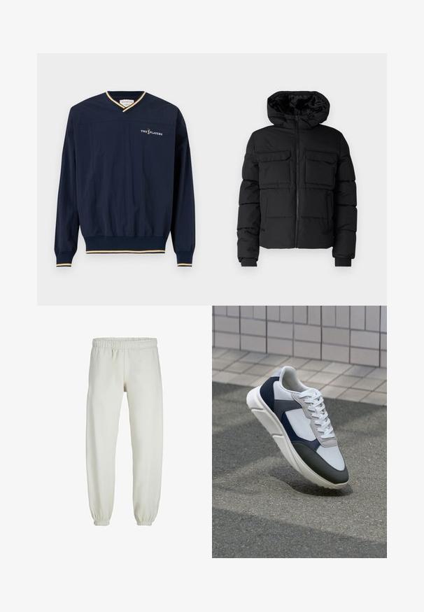 Must värvitud padi jakk kapuutsiga, millel on kaks rinna taskut, eesmine tõmblukk ja ribakäised. Sile tekstuur ja kerge disain.; Tumesinine pusa, millel on V-kaelus, pikad varrukad, elastne alumine äär ja kuldsete aktsentidega varrukad. Rinnal on broderitud "THE PLAYERS".; Valged trennipüksid, mis on valmistatud pehmest kangast, elastse vöökoha ja mansettidega, sileda tekstuuri ja lõdva lõikega.; Valge, mereväe sinine ja hall spordijalats, millel on segatud materjalide disain, tekstureeritud ülemine osa, lame pael ja pehme talla.