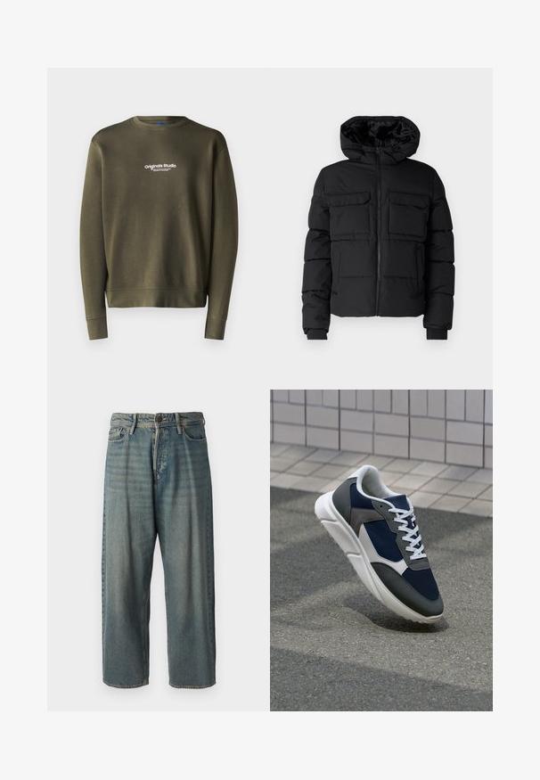 Black padded jacket with a hood, featuring two chest pockets, a front zipper, and ribbed cuffs. Smooth texture and lightweight design.; Olive green sweatshirt with a crew neck, long sleeves, and fitted cuffs. Features “Originals Studio” embroidered in white on the chest.; Light blue denim jeans with a loose fit, mid-rise waist, and straight legs. Features five pockets, belt loops, and a button closure.; Sneaker featuring a navy blue mesh upper, gray suede accents, white rubber sole, and flat white laces, designed for comfort and breathability.