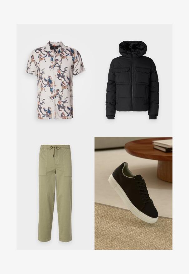 Černá zateplená bunda s kapucí, která má dvě náprsní kapsy, přední zip a pružné manžety. Hladký povrch a lehký design.; Košilové tričko s krátkým rukávem z lehkého materiálu, které má béžový základ s barevnými vzory koní v modrých, hnědých a černých odstínech. Zapínání na knoflíky.; Pantalony světle olivové barvy vyrobené z bavlněné směsi, s elastickým pasem na šnůrku a dvěma velkými bočními kapsami.; Černé tenisky s bílou podrážkou plující nad béžovým texturovaným kobercem poblíž kulatého dřevěného stolu se stohovanými knihami.