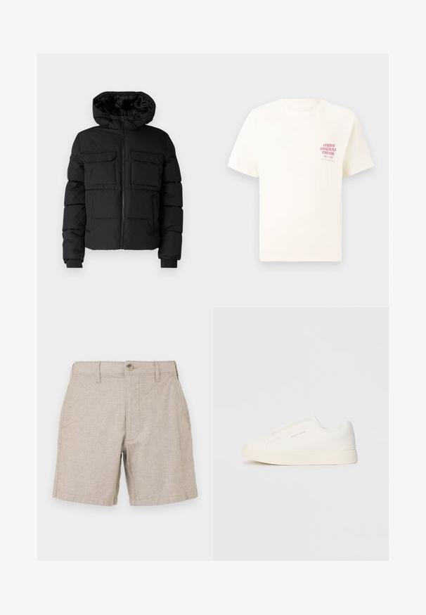 Black padded jacket with a hood, featuring two chest pockets, a front zipper, and ribbed cuffs. Smooth texture and lightweight design.; White short-sleeve T-shirt with red text "Studio Originals Edition" on left chest, displayed on a neutral gray background.; Beige linen shorts with a flat front, two side pockets, and a single button closure. The fabric has a subtle texture and light weight.; White slip-on sneakers with a textured surface, a thick sole, and minimalistic design. Features brand logo on the side.