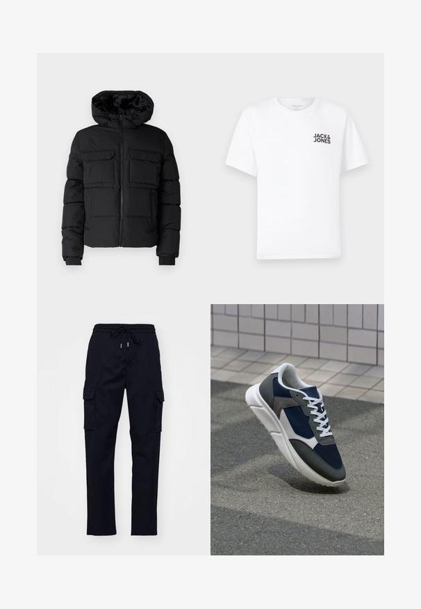 Crna podstavljena jakna s kapuljačom, koja ima dva džepa na prsima, prednji patentni zatvarač i rebraste manžete. Glatka tekstura i lagani dizajn.; Bijela pamučna majica, kratki rukavi, okrugli izrez. Sadrži crni tekstualni logo "JACK & JONES" na lijevoj strani prsnog dijela. Jednostavan, običan dizajn.; Crne cargo hlače s elastičnim pojasom, uže za stezanje i dva bočna džepa. Glatka tkanina s oblikom nogavica koji se sužava.; Tenisice s gornjim dijelom od mrežastog materijala tamnoplave boje, siva antilopova naglašavanja, bijela gumena potplat i ravne bijele vezice, dizajnirane za udobnost i prozračnost.