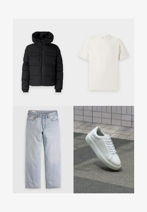 Fekete párnázott dzseki kapucnival, két mellzsebbel, elől cipzárral és bordázott mandzsettákkal. Sima textúra és könnyű kialakítás.; Fehér, rövid ujjú póló bordázott textúrával. Kerek nyakkivágás, laza szabás, nincs látható minta vagy díszítés. Egyszerű és sokoldalú dizájn.; Fénykék egyenes szárú farmernadrág, magas derékkal, gombos záródással, elülső és hátsó zsebekkel, sík felületen bemutatva.; Fehér bőr sportcipő sima felülettel, kerek orral és lapos fehér fűzőkkel. Texturált gumitalppal és minimális dizájnelemekkel rendelkezik.