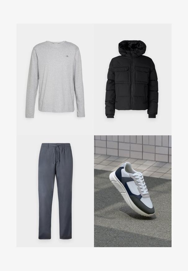 Crna podstavljena jakna s kapuljačom, koja ima dva džepa na prsima, prednji patentni zatvarač i rebraste manžete. Glatka tekstura i lagani dizajn.; Dugih rukava sivi pamučni majica s okruglim izrezom i malim izvezenim logom na prsima. Mekana tekstura i opušten fit.; Sive hlače izrađene od glatke tkanine, s vezicom na struku i bočnim džepovima. Dizajn ravnog kroja s urednim završetkom.; Bijela, mornarsko plava i siva tenisica s dizajnom od miješanih materijala, koja ima teksturirani gornji dio, ravne vezice i udoban đon.