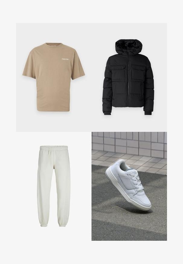 Črna podložena jakna s kapuco, ki ima dve žepni odprtini na prsih, sprednji zadrgo in rebraste manšete. Gladka tekstura in lahka zasnova.; Bež bombažna majica s kratkimi rokavi in okroglim izrezom. Na levem prsnem delu je natisnjen napis "Club1990" v beli barvi. Gladka tekstura, regularna prileganje.; Bele trenerke narejene iz mehkega blaga, z elastičnim pasom in manšetami, gladke teksture in ohlapnega kroja.; Bela usnjena superga s perforiranimi stranicami, teksturiranimi detajli, ravnimi vezalkami in kontrastno sivo peto. Ima rahlo dvignjen podplat.