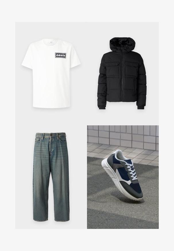 Črna podložena jakna s kapuco, ki ima dve žepni odprtini na prsih, sprednji zadrgo in rebraste manšete. Gladka tekstura in lahka zasnova.; Bela bombažna majica s črnim pravokotnim logotipom, ki vsebuje besedo "oasis" v središču. Kratke rokave in klasičen kroj s krožnim izrezom.; Svetlomoderne kavbojke z ohlapnim krojem, srednjim pasom in ravnimi nogami. Imajo pet žepov, zanke za pas in zapiranje na gumb.; Superge z zgornjim delom iz mrežaste tkanine v mornarsko modri barvi, sivi usnjeni poudarki, belo gumijasto podplato in ravnimi belimi vezalkami, zasnovane za udobje in zračnost.