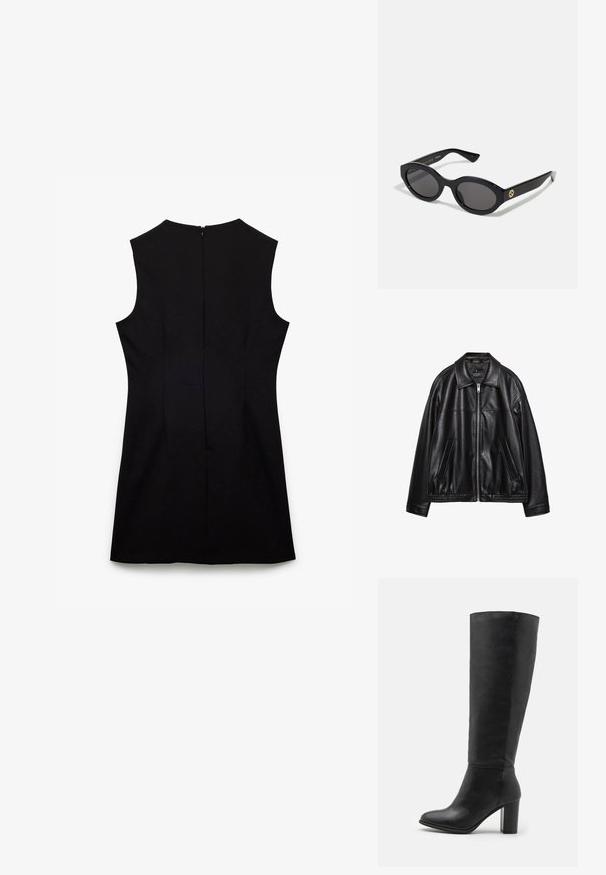 Mustapohjainen nahkatakki, jossa on kauluksellinen kaula, edessä vetoketju ja kaksi sivutaskua. Sen pinnassa on sileä rakenne ja kerätty helma vyötäröllä.; Mustapaita, jossa on korkea kaula-aukko ja piilovetoketju takana, siinä on muotoiltu vyötärö ja sileä kangas.; Mustat polvipituiset saappaat, jotka on valmistettu sileästä nahasta, ja joissa on paksu korko ja pyöreä kärki. Minimalistinen muotoilu ilman näkyvää varustusta tai koristeita.; Mustat soikeat aurinkolasit tummilla linsseillä ja kiiltävästä muovista valmistetulla kehällä. Varustettu kullanvärisellä logolla temppeleissä, tarjoten tyylikkään ja modernin muotoilun.