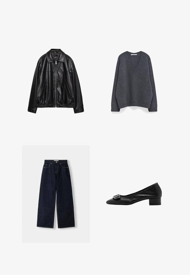 Schwarze Lederjacke mit einem Kragen, Frontreißverschluss und zwei seitlichen Taschen. Sie hat eine glatte Textur und einen gerafften Saum an der Taille.; Grauer V-Ausschnitt-Pullover mit lockerer Passform, aus weichem Strickstoff gefertigt. Mit gerippten Bündchen und Saum, glatter Textur und minimaler Detailgestaltung.; Ärmelloses weißes Kleid mit Rundhalsausschnitt und asymmetrischem Saum, der auf einer Seite zu einem Punkt drapiert.; Dunkelblaue, weite Jeans mit hoher Taille, fünf Taschen, Kontrastnähten und silbernem Metallzubehör. Glatte Textur und saubere Verarbeitung.; Schwarze Lederpumps mit spitzer Zehenform, kleinem Blockabsatz und dekorativem Schnallen-Detail am Blatt. Glatte Textur und schlichtes Design.