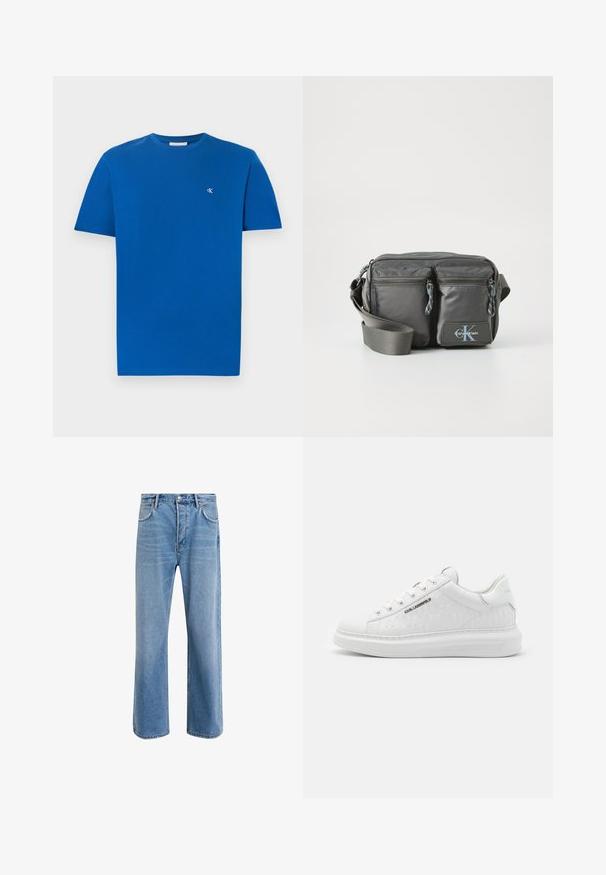 Navy blue quilted puffer jacket with front zipper, high collar, zippered side pockets, and subtle "ck" logo on the chest.; Blue cotton t-shirt with a crew neckline and short sleeves. Features a small white logo on the left chest. Smooth texture, casual design.; Light blue denim jeans with a straight-leg design, five pockets, button closure, minimal fading, and contrasting stitching details.; White sneaker made of smooth leather with embossed pattern. Features round toe, lace-up front, and textured sole. Silver logo detail on side.; Gray nylon crossbody bag with two zippered front pockets, adjustable strap, and logo accent. Smooth texture with a modern design.