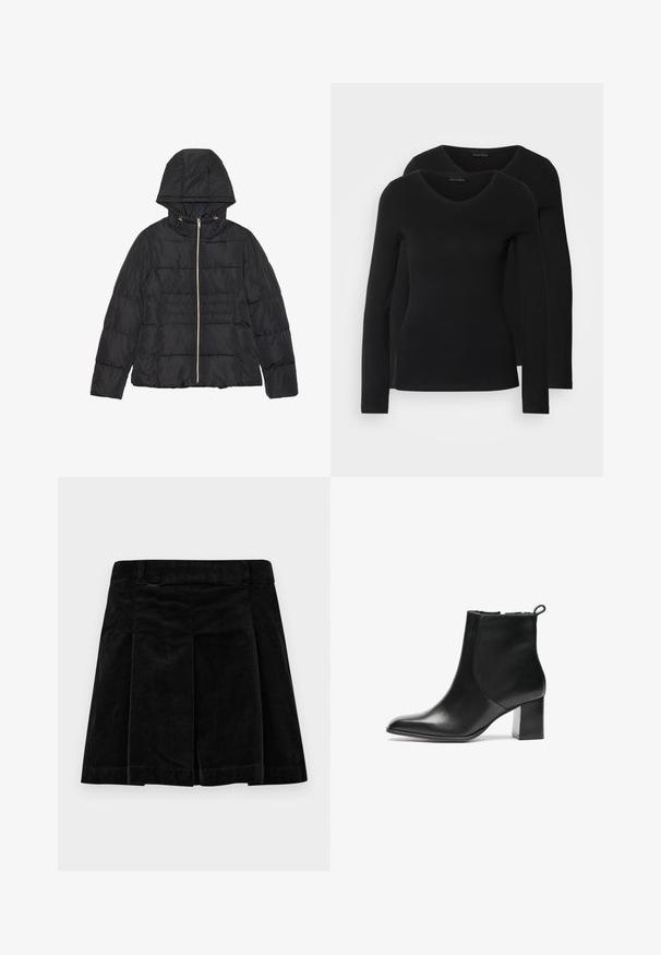 Zwarte pufferjack met capuchon, rits aan de voorkant en horizontale quiltstructuur. Voorzien van goudkleurige hardware en zijzakken. Glad, glanzend materiaal.; Twee zwarte longsleeve shirts met een V-hals ontwerp, gemaakt van zachte, rekbare stof, die een gladde textuur en een getailleerde vorm laten zien.; Zwarte corduroy rok met een geplooid ontwerp, met een rechte snit, textuur en een tailleband voor een stevige pasvorm.; Zwarte leren enkelboot met een ronde neus, een blokhak van gemiddelde hoogte en een trekstrap aan de achterkant. Glad textuur, minimalistisch ontwerp.