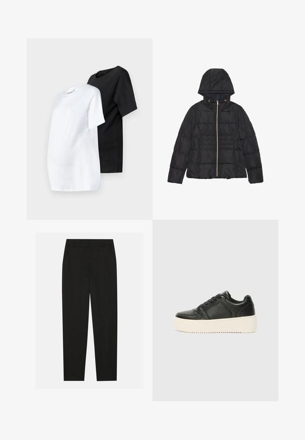 Giacca a vento nera con cappuccio, chiusura a zip frontale e imbottitura orizzontale. Presenta accessori in tono dorato e tasche laterali. Tessuto liscio e lucido.; Due magliette premaman a maniche corte: una bianca e una nera. Entrambe sono realizzate in cotone, con scollatura rotonda e vestibilità comoda.; Pantaloni neri dal design sartoriale, con tasche laterali e gamba dritta. Realizzati in tessuto liscio e leggero con una finitura elegante.; Sneaker in pelle nera con una texture liscia, suola spessa di colore crema, punta rotonda e design classico con lacci. Dettagli di cucitura discreti.