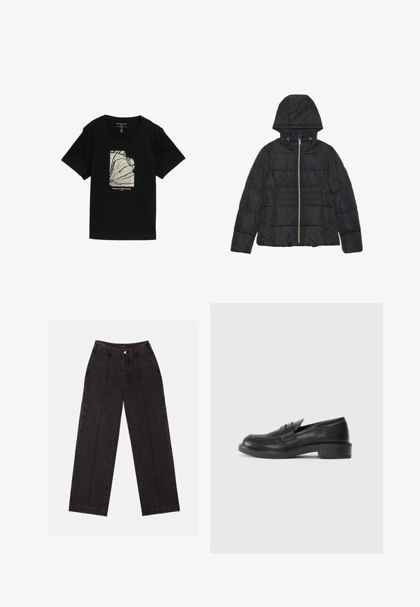 Črna napihnjena jakna s kapuco, zadrgo na sprednji strani in vodoravnim q quiltingom. Ima zlate dodatke in stranske žepe. Gladka, sijoča tkanina.; Črna majica s kratkimi rokavi, ki prikazuje kremasto risbo z linijsko umetnostjo in napisom "TROPSKI POLETNI RAJ" spodaj.; Črne široke jeans hlače iz denima, s visokim pasom, sprednjim gumbom in dvema vertikalnima šivoma na sprednji strani.; Črne usnjene loafer čevlje z zaobljenim nosom, šivanim detajlom in majhnim peto. Gladka tekstura in fleksibilen gumijast podplat.