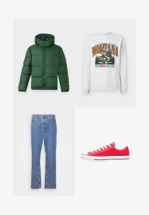 Žalias pamušalas striukė su gobtuvu, turinti priekinį užtrauktuką, sagčių uždarymą ir siuvinėtą dizainą izoliacijai. Lygi tekstūra.; Šviesiai pilka sportinė maikutė su dideliu šuoliuojančios žuvies, kalnų ir medžių grafiku, ant kurio yra oranžinės ir žalios spalvos tekstas "Montana The Big Country".; Mėlynos džinsinės kelnės su tiesiu siluetu, penkių kišenių dizainu, diržo kilpomis ir mygtukų uždarymu. Audinys turi minkštą, tekstūruotą paviršių.; Raudona drobės sportinė avalynė su balta gumine koja ir padu. Yra penki poros baltų akių, juodas šoninis juostelis ir tekstūruotas paviršius.