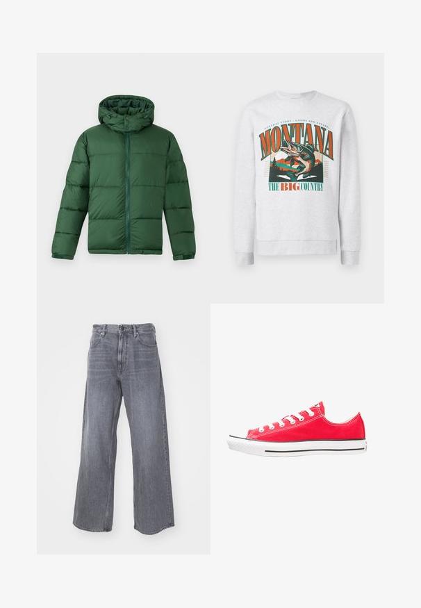 Zöld, párnázott dzseki kapucnival, elülső cipzárral, gombzárakkal és steppelt dizájnnal a szigetelésért. Sima textúra.; Világosszürke kapucnis pulóver, nagy ugró hal grafikával, hegyekkel és fákkal, narancssárga és zöld "Montana A Nagy Ország" felirattal.; G-STAR TYPE - Bő szabású farmernadrág - worn in rock; Piros vászon tornacipő fehér gumírozott orral és talppal. Öt pár fehér szemgörbe, fekete oldalsáv és texturált felszín jellemzi.