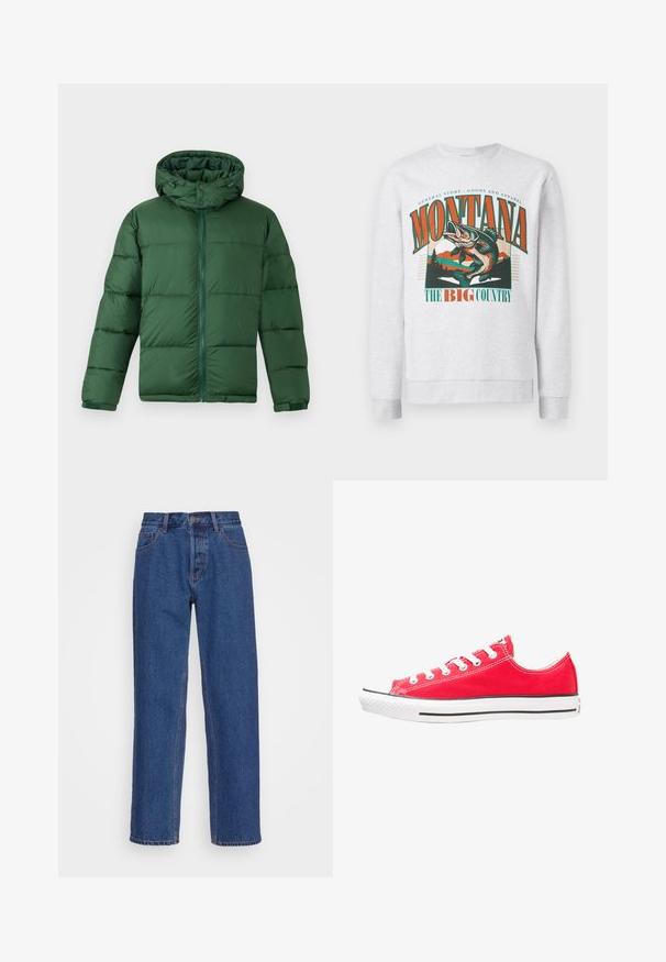 Žalias pamušalas striukė su gobtuvu, turinti priekinį užtrauktuką, sagčių uždarymą ir siuvinėtą dizainą izoliacijai. Lygi tekstūra.; Šviesiai pilka sportinė maikutė su dideliu šuoliuojančios žuvies, kalnų ir medžių grafiku, ant kurio yra oranžinės ir žalios spalvos tekstas "Montana The Big Country".; Mėlynos džinsinės kelnės su klasikinio tiesaus kirpimo dizainu, pasižyminčios aukštu liemeniu, diržo kilpomis ir subtiliomis siuvimo detalėmis.; Raudona drobės sportinė avalynė su balta gumine koja ir padu. Yra penki poros baltų akių, juodas šoninis juostelis ir tekstūruotas paviršius.